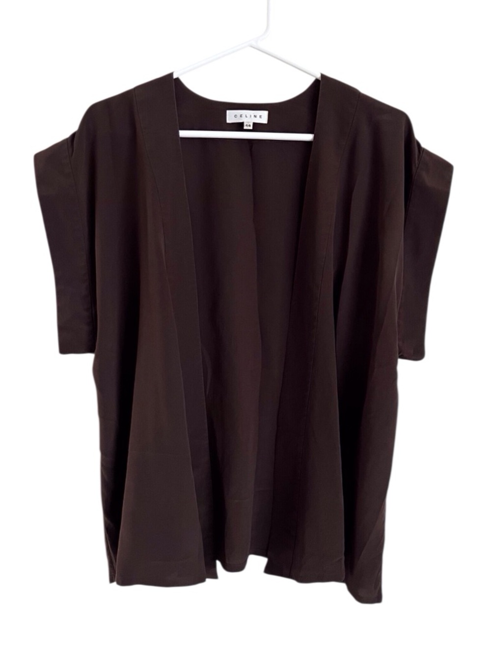 Celine Brown Silk Open Front Short Sleeve Blouse Quiet Luxury Normcore 44 Large